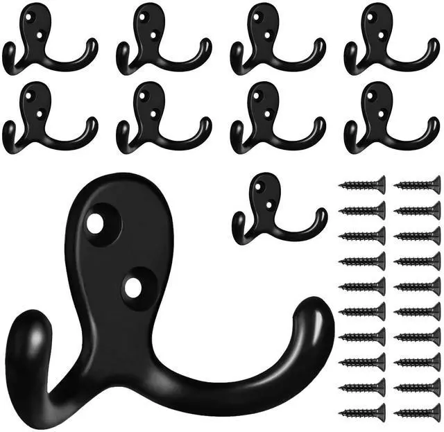 Main image of 10 Pack Coat Hooks Wall Hooks for Hanging, Heavy Duty Double Prong Metal Hook Wall Mounted for Living Room, Bathroom, Kitchen, Bedroom for Coat, Bag, Scarf, Towel, Hat, Key, Cup (Black)
