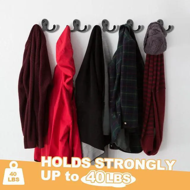 Alt view image 3 of 7 - 10 Pack Coat Hooks Wall Hooks for Hanging, Heavy Duty Double Prong Metal Hook Wall Mounted for Living Room, Bathroom, Kitchen, Bedroom for Coat, Bag, Scarf, Towel, Hat, Key, Cup (Black)