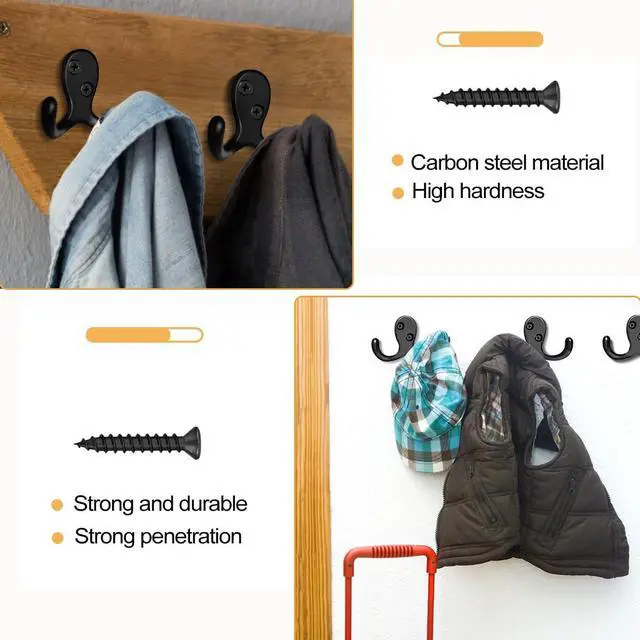 Alt view image 5 of 7 - 10 Pack Coat Hooks Wall Hooks for Hanging, Heavy Duty Double Prong Metal Hook Wall Mounted for Living Room, Bathroom, Kitchen, Bedroom for Coat, Bag, Scarf, Towel, Hat, Key, Cup (Black)