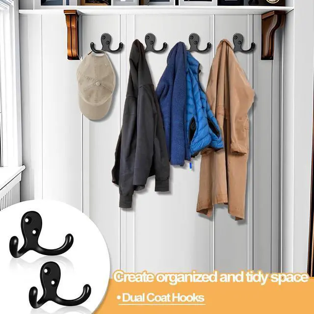 Alt view image 4 of 7 - 10 Pack Coat Hooks Wall Hooks for Hanging, Heavy Duty Double Prong Metal Hook Wall Mounted for Living Room, Bathroom, Kitchen, Bedroom for Coat, Bag, Scarf, Towel, Hat, Key, Cup (Black)