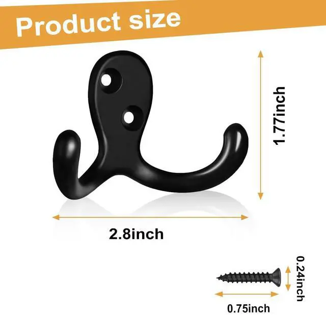 Alt view image 7 of 7 - 10 Pack Coat Hooks Wall Hooks for Hanging, Heavy Duty Double Prong Metal Hook Wall Mounted for Living Room, Bathroom, Kitchen, Bedroom for Coat, Bag, Scarf, Towel, Hat, Key, Cup (Black)