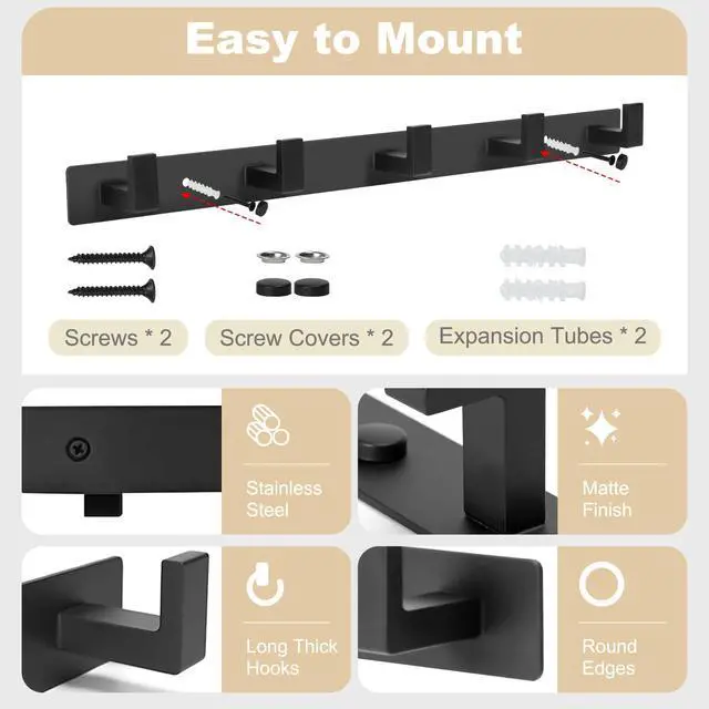 Alt view image 3 of 7 - Coat Rack Wall Mount, Metal Coat Hanger with 5 Hooks, Heavy Duty, Black, 1 Pcs