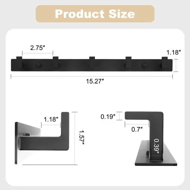 Alt view image 5 of 7 - Coat Rack Wall Mount, Metal Coat Hanger with 5 Hooks, Heavy Duty, Black, 1 Pcs