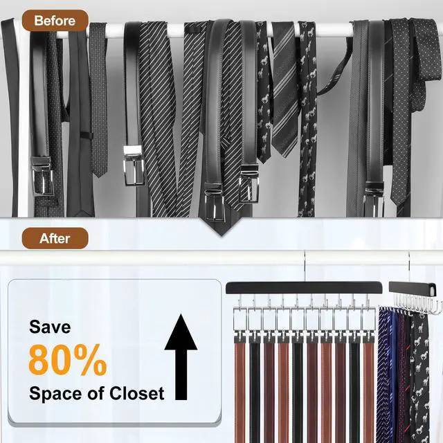 Alt view image 2 of 7 - 20 Hooks 2 in 1 Belt Tie Hanger for Closet Max 30 Belts with 30 Ties Capacity, Belt Tie Racks Wooden Hanger for Closet Organizer Storage U Fit for Belt and Fit for Tie - CT47B