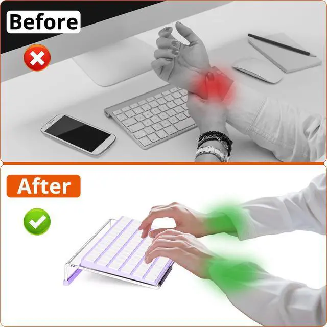 Alt view image 5 of 7 - Computer Keyboard Stand for Desktop, 11.8" Tiny Clear Acrylic Keyboard Riser 78 Keys Compact Keyboard Lift for Desk Ergonomic Short Keyboard Holder Tray with White and Purple Silicone Strip
