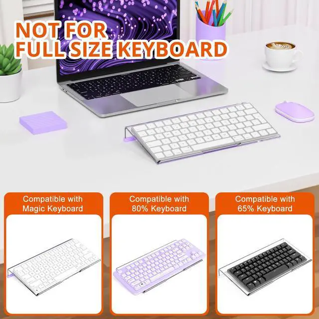 Alt view image 7 of 7 - Computer Keyboard Stand for Desktop, 11.8" Tiny Clear Acrylic Keyboard Riser 78 Keys Compact Keyboard Lift for Desk Ergonomic Short Keyboard Holder Tray with White and Purple Silicone Strip