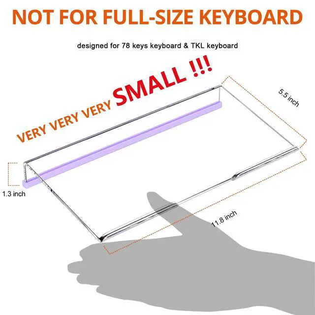 Alt view image 2 of 7 - Computer Keyboard Stand for Desktop, 11.8" Tiny Clear Acrylic Keyboard Riser 78 Keys Compact Keyboard Lift for Desk Ergonomic Short Keyboard Holder Tray with White and Purple Silicone Strip