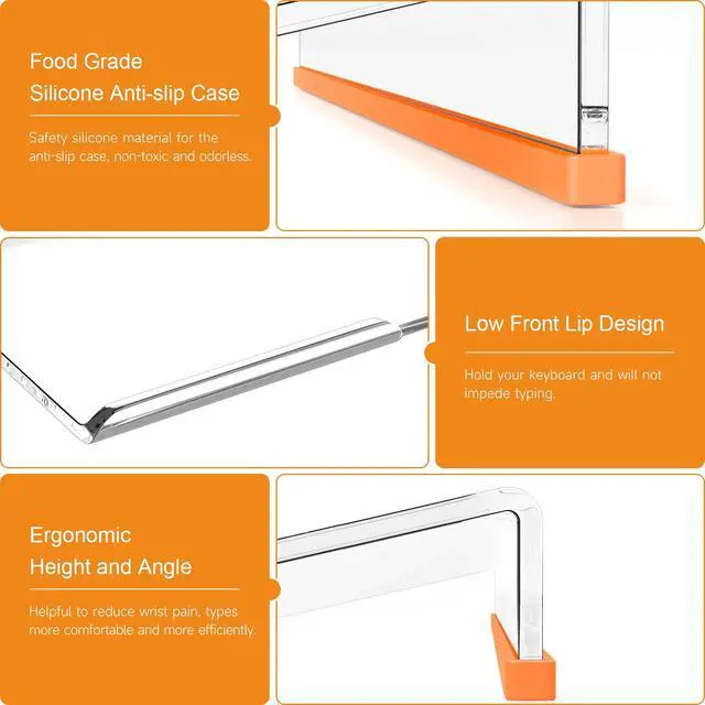 Alt view image 5 of 6 - Ergonomic Computer Keyboard Stand - Clear Acrylic Keyboard Riser Tilted Keyboard Holder Keyboard Tray with Orange Non-Slip Strip for Easy Typing at Home School Office Desk Accessories