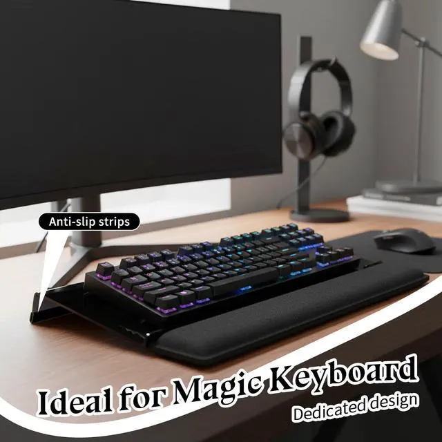 Alt view image 7 of 7 - Computer Keyboard Wrist Rest Stand for Desktop Space-Saving Keyboard Riser with Silicone Wrist Rest for Office Desk, Home, School, Easy Typing, 3-Level Height Adjustment, Black