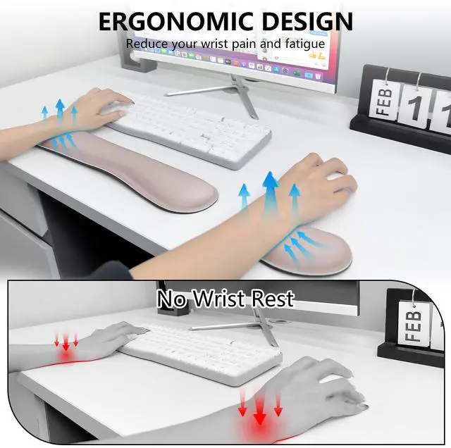 Alt view image 3 of 7 - Wrist Rest for Computer Keyboard and Mouse, Ergonomic Design Wrist Support Pad for Keyboard, Soft Memory Foam Desk Pads Support Hand and Arm Easy Typing Pain Relief, 2 Piece Pad, Cream Pink