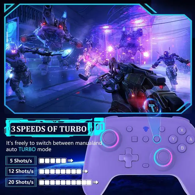 Alt view image 2 of 7 - Switch Controller for Nintendo Switch,Switch Pro Controller for Switch/OLED/Lite/PC with 7 Colors LED Light/3-level TURBO Adjustable,4-Speed Dual Vibration ,Support Wake Up and Gyro Axis Motion Purple