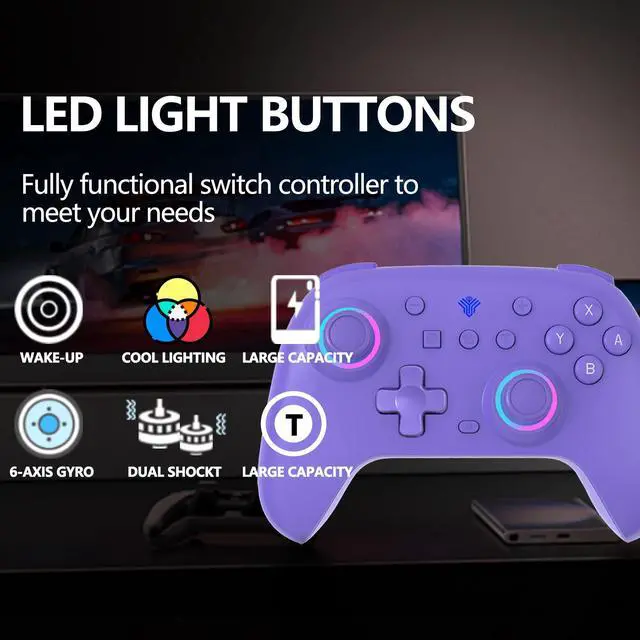 Alt view image 3 of 7 - Switch Controller for Nintendo Switch,Switch Pro Controller for Switch/OLED/Lite/PC with 7 Colors LED Light/3-level TURBO Adjustable,4-Speed Dual Vibration ,Support Wake Up and Gyro Axis Motion Purple