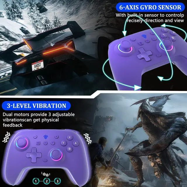 Alt view image 4 of 7 - Switch Controller for Nintendo Switch,Switch Pro Controller for Switch/OLED/Lite/PC with 7 Colors LED Light/3-level TURBO Adjustable,4-Speed Dual Vibration ,Support Wake Up and Gyro Axis Motion Purple