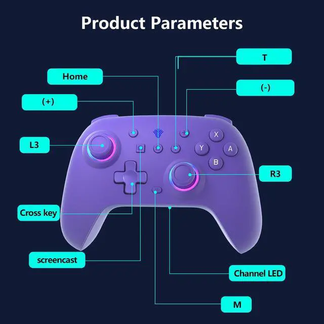 Alt view image 6 of 7 - Switch Controller for Nintendo Switch,Switch Pro Controller for Switch/OLED/Lite/PC with 7 Colors LED Light/3-level TURBO Adjustable,4-Speed Dual Vibration ,Support Wake Up and Gyro Axis Motion Purple