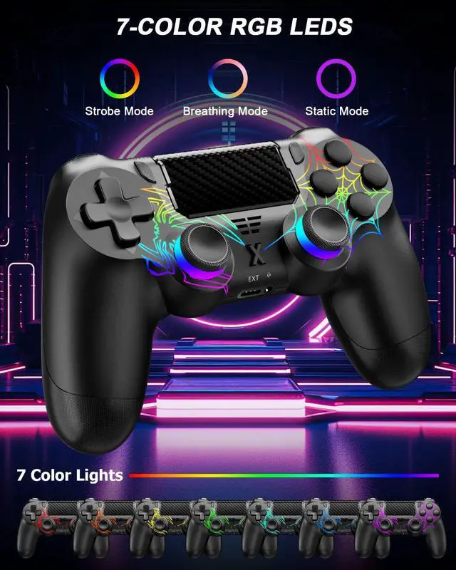 Main image of Light-up Wireless Controller for PS-4,New RGB Controllers with Hall Effect Joystick/1000mAh Battery/Type-C/Vibration/6-Axis Gyro/Headphone Jack/Touch Pad,for PS-4/Slim/Pro Console (Black)
