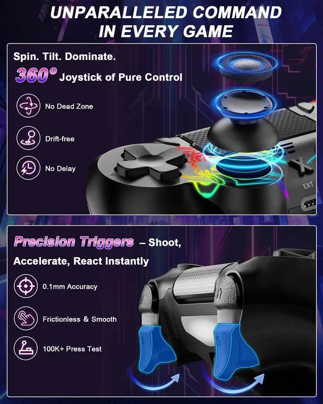 Alt view image 2 of 6 - Light-up Wireless Controller for PS-4,New RGB Controllers with Hall Effect Joystick/1000mAh Battery/Type-C/Vibration/6-Axis Gyro/Headphone Jack/Touch Pad,for PS-4/Slim/Pro Console (Black)