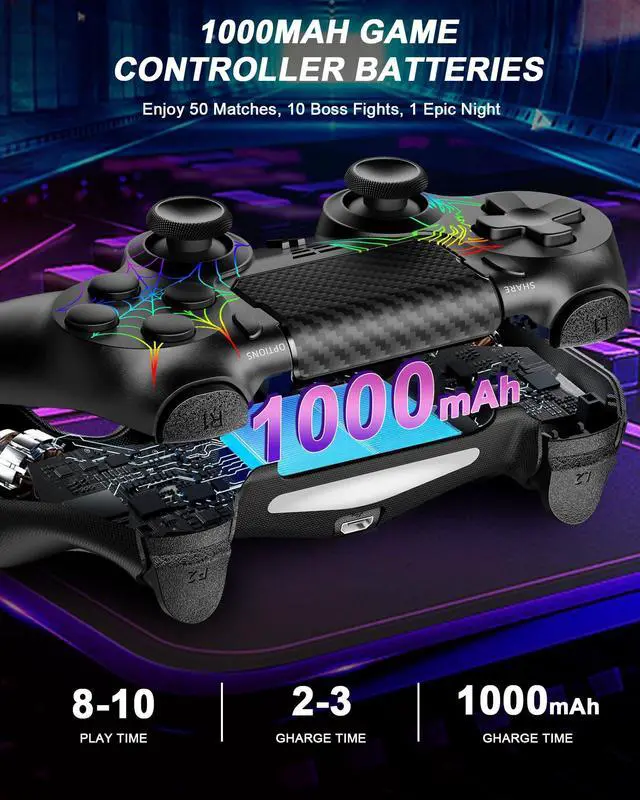 Alt view image 3 of 6 - Light-up Wireless Controller for PS-4,New RGB Controllers with Hall Effect Joystick/1000mAh Battery/Type-C/Vibration/6-Axis Gyro/Headphone Jack/Touch Pad,for PS-4/Slim/Pro Console (Black)