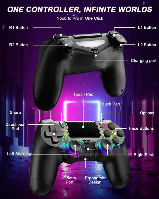 Alt view image 6 of 6 - Light-up Wireless Controller for PS-4,New RGB Controllers with Hall Effect Joystick/1000mAh Battery/Type-C/Vibration/6-Axis Gyro/Headphone Jack/Touch Pad,for PS-4/Slim/Pro Console (Black)