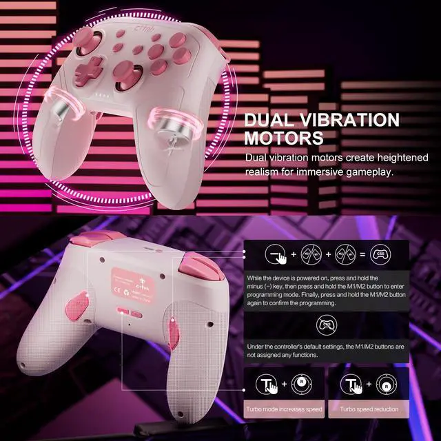 Alt view image 4 of 7 - Wireless Controller For Switch,Compatible with switch 2/switch/lite/OLED/steam/PC, Hall Effect joysticks,6-Axis Gyro,Turbo,1000mAh Battery, Programmable Back Buttons(pink)