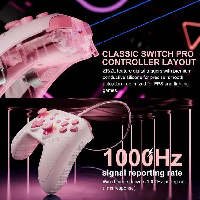 Alt view image 5 of 7 - Wireless Controller For Switch,Compatible with switch 2/switch/lite/OLED/steam/PC, Hall Effect joysticks,6-Axis Gyro,Turbo,1000mAh Battery, Programmable Back Buttons(pink)
