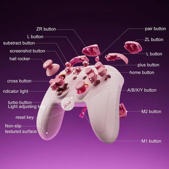 Alt view image 7 of 7 - Wireless Controller For Switch,Compatible with switch 2/switch/lite/OLED/steam/PC, Hall Effect joysticks,6-Axis Gyro,Turbo,1000mAh Battery, Programmable Back Buttons(pink)