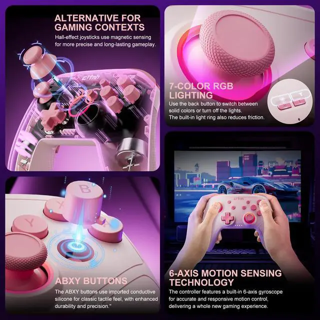 Alt view image 3 of 7 - Wireless Controller For Switch,Compatible with switch 2/switch/lite/OLED/steam/PC, Hall Effect joysticks,6-Axis Gyro,Turbo,1000mAh Battery, Programmable Back Buttons(pink)