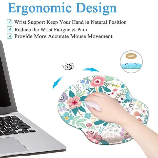 Alt view image 3 of 6 - Ergonomic Mouse Pad with Wrist Support, Pain Relief Comfort Wrist Rest Pad with Non-Slip PU Base for Gaming, Home, Office & Travel (Pretty Flowers)