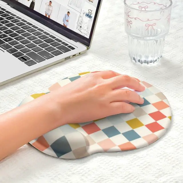 Alt view image 2 of 7 - Retro Checkered Mouse Pad with Support Wrist Rest,Cute Funny Boho Ergonomic Mouse Pad with Non-Slip Base for Office Gaming Working Computers,Desk Accessories Pain Relief,Colorful