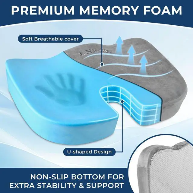 Alt view image 2 of 7 - Gel Memory Foam Layer Wheelchair Cushion - Wheelchair Office Chair, Kitchen Chair, Car Seat - Pressure Pain and Tailbone Pain Relief - High Density Foam Base (Grey)