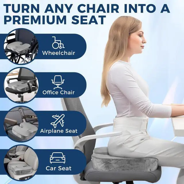 Alt view image 6 of 7 - Gel Memory Foam Layer Wheelchair Cushion - Wheelchair Office Chair, Kitchen Chair, Car Seat - Pressure Pain and Tailbone Pain Relief - High Density Foam Base (Grey)