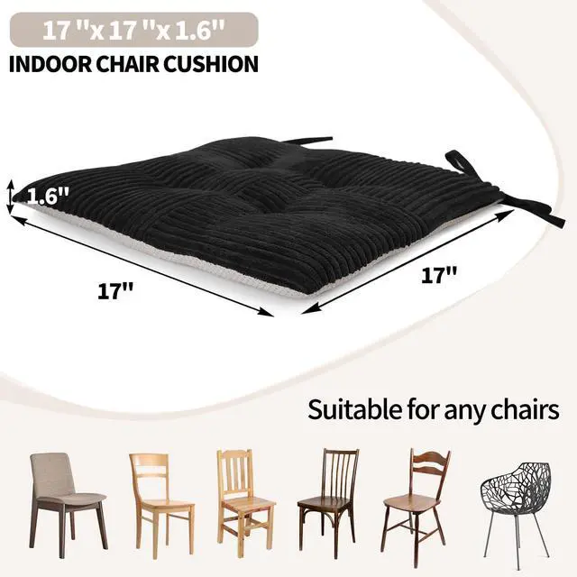 Alt view image 3 of 6 - Office Stacking Chair Cushion with Ties, Corduroy High Density Foam Non-Slip Kitchen Seat Cushion, Square 17" x 17" Indoor Dining Chair Pads, Black, 1 PCS