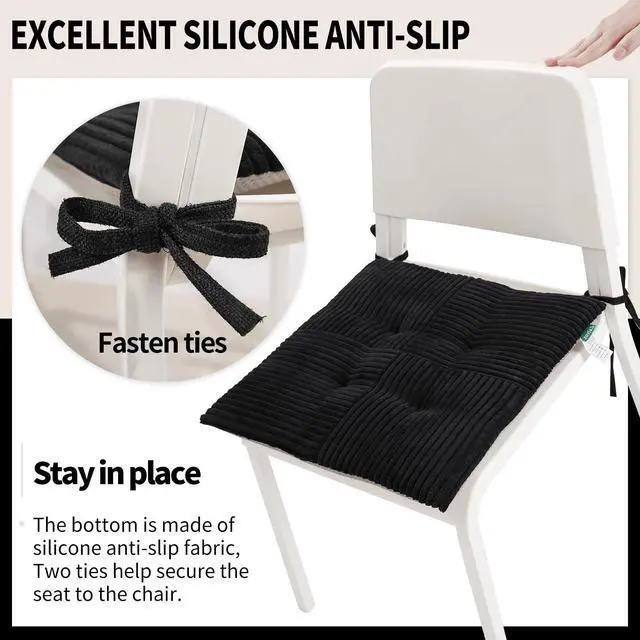 Alt view image 4 of 6 - Office Stacking Chair Cushion with Ties, Corduroy High Density Foam Non-Slip Kitchen Seat Cushion, Square 17" x 17" Indoor Dining Chair Pads, Black, 1 PCS