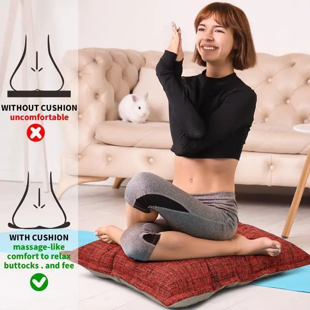 Alt view image 5 of 7 - Large Floor Pillow 22", Thickened Bite-Size Memory Foam Square Non-Slip Cushion for Office Back Support/Indoor Yoga/Chair Seat, Fashionable Color-Blocked Fabric & Washable, Red, 1 PCS