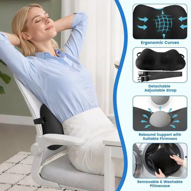 Alt view image 3 of 7 - Lumbar Support Pillow for Office Chair, Memory Foam Lower Back Support, Ergonomic Lumbar Pillow with Adjustable Strap, Breathable Cover (Black)