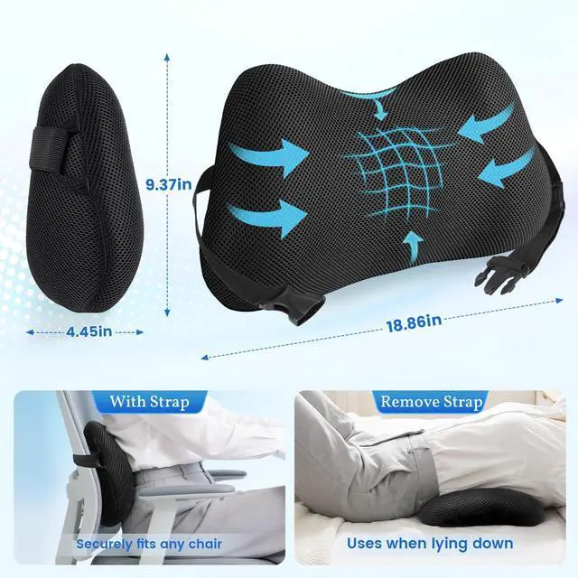 Alt view image 4 of 7 - Lumbar Support Pillow for Office Chair, Memory Foam Lower Back Support, Ergonomic Lumbar Pillow with Adjustable Strap, Breathable Cover (Black)