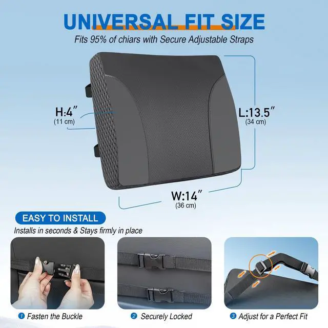 Alt view image 6 of 7 - Lumbar Support Pillow for Car: Ergonomic Memory Foam Lumbar Pillow for Long Drives, Lower Back Support for Pain Relief, Dual Adjustable Straps, Back Cushion for Car Seat, Office Chair - Black
