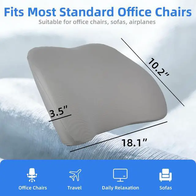 Alt view image 4 of 6 - Memory Foam Lumbar Support Pillow Back Pain Relief Ergonomic Back Cushion for Office Chair Car Seat Gaming Chair Washable Cover Improves Posture Grey