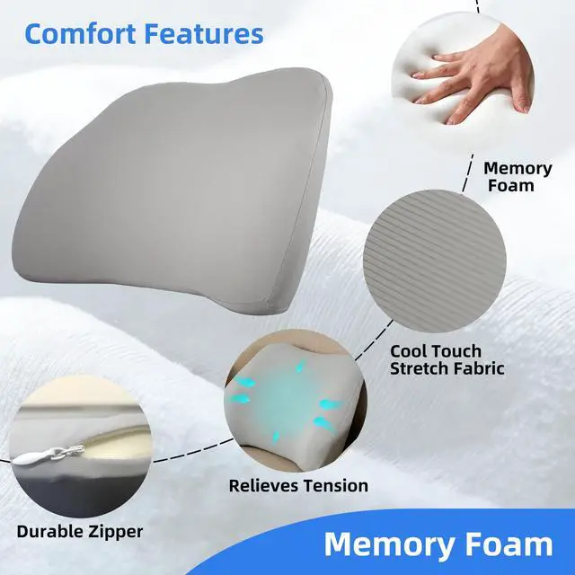 Alt view image 5 of 6 - Memory Foam Lumbar Support Pillow Back Pain Relief Ergonomic Back Cushion for Office Chair Car Seat Gaming Chair Washable Cover Improves Posture Grey