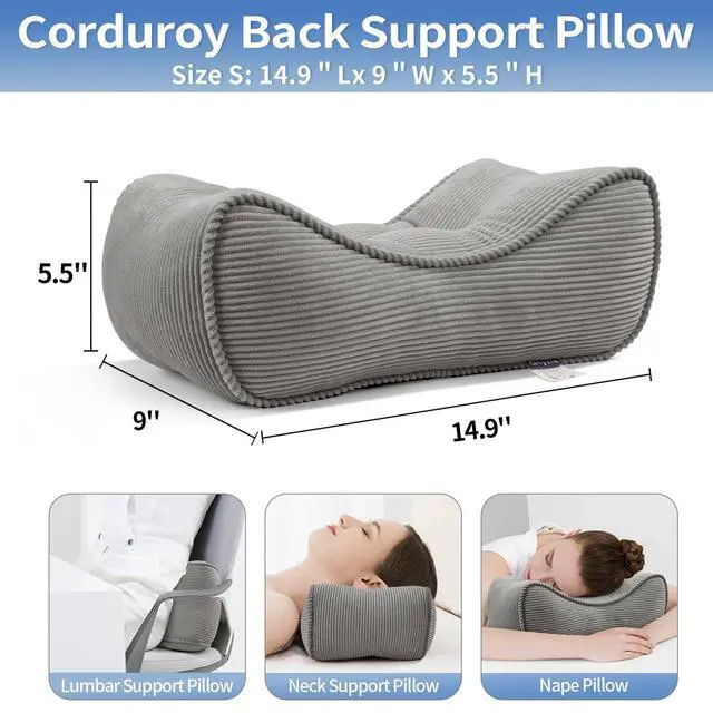 Alt view image 2 of 6 - Lumbar Support Pillow for Study Desk Chair, Bite-Size Natural Latex Foam Back Support Pillow for Lower Back Pain Relief, Soft & Support Corduroy Office Chair Cushion, S, Gray