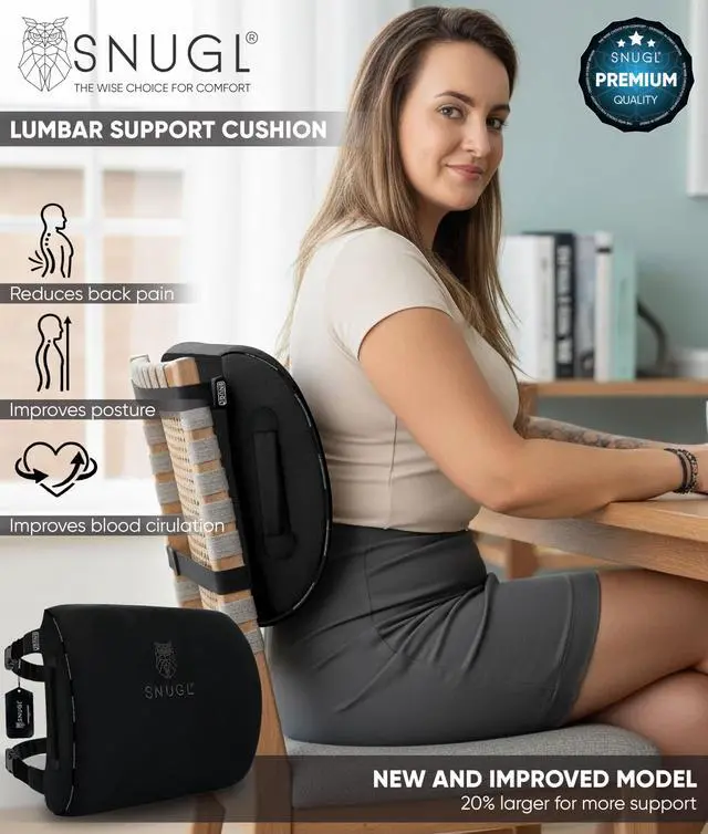 Alt view image 2 of 7 - Lower Back Support Cushion for Chair and Car Seat | Memory Foam Back Lumbar Support Cushion with Dual Straps | Ergonomic Office Chair with Non-Slip Back Layer | Black