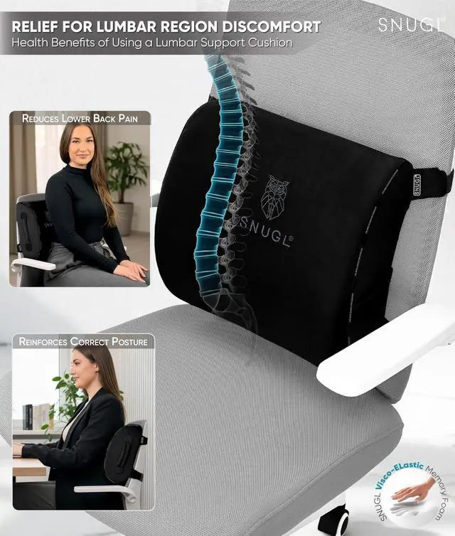 Alt view image 3 of 7 - Lower Back Support Cushion for Chair and Car Seat | Memory Foam Back Lumbar Support Cushion with Dual Straps | Ergonomic Office Chair with Non-Slip Back Layer | Black