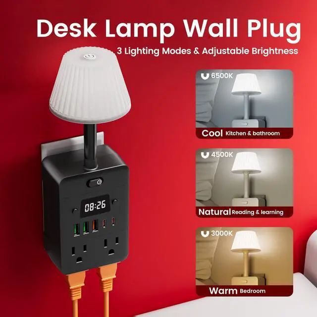 Alt view image 4 of 6 - Lamp & Power Strip with Digital Clock, 4 Outlets 5 USB Ports (2 USB C), Dimmable Nightstand Light with 3 Color Temperatures, Multi-Functional Wall Outlet Extender for Bedroom, Dorm, Office, Black