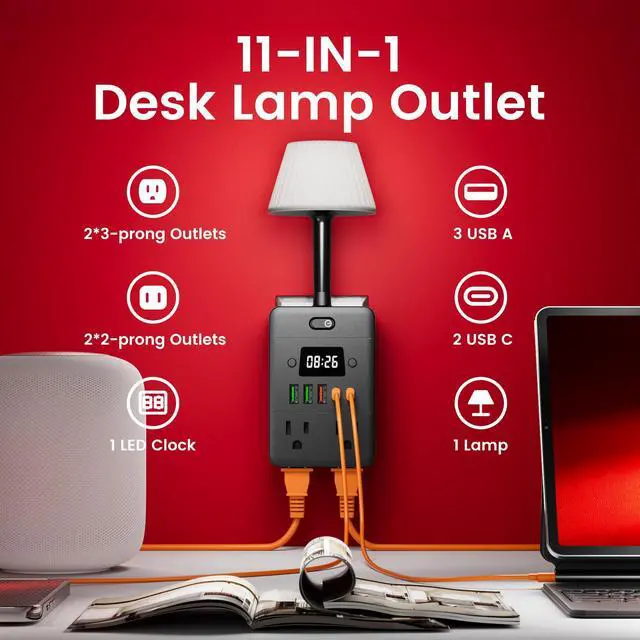 Alt view image 2 of 6 - Lamp & Power Strip with Digital Clock, 4 Outlets 5 USB Ports (2 USB C), Dimmable Nightstand Light with 3 Color Temperatures, Multi-Functional Wall Outlet Extender for Bedroom, Dorm, Office, Black