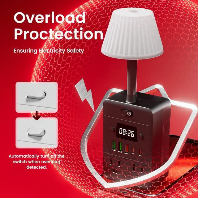 Alt view image 5 of 6 - Lamp & Power Strip with Digital Clock, 4 Outlets 5 USB Ports (2 USB C), Dimmable Nightstand Light with 3 Color Temperatures, Multi-Functional Wall Outlet Extender for Bedroom, Dorm, Office, Black