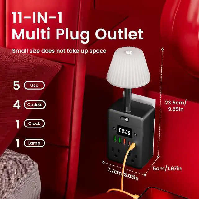 Alt view image 3 of 6 - Lamp & Power Strip with Digital Clock, 4 Outlets 5 USB Ports (2 USB C), Dimmable Nightstand Light with 3 Color Temperatures, Multi-Functional Wall Outlet Extender for Bedroom, Dorm, Office, Black