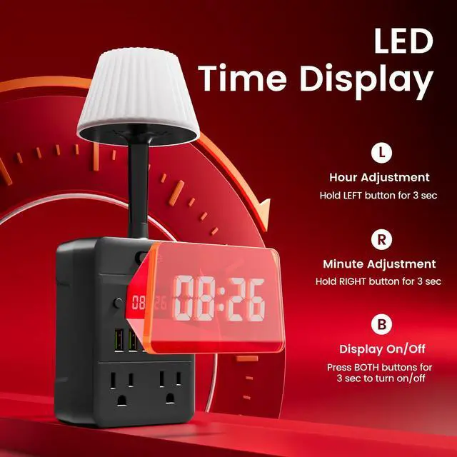 Alt view image 6 of 6 - Lamp & Power Strip with Digital Clock, 4 Outlets 5 USB Ports (2 USB C), Dimmable Nightstand Light with 3 Color Temperatures, Multi-Functional Wall Outlet Extender for Bedroom, Dorm, Office, Black