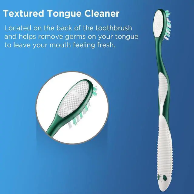 Alt view image 5 of 7 - Extra Firm Toothbrushes with Covers for Adults, Cross Extra Hard Bristles, with Built in Tongue Scraper, 6 Count