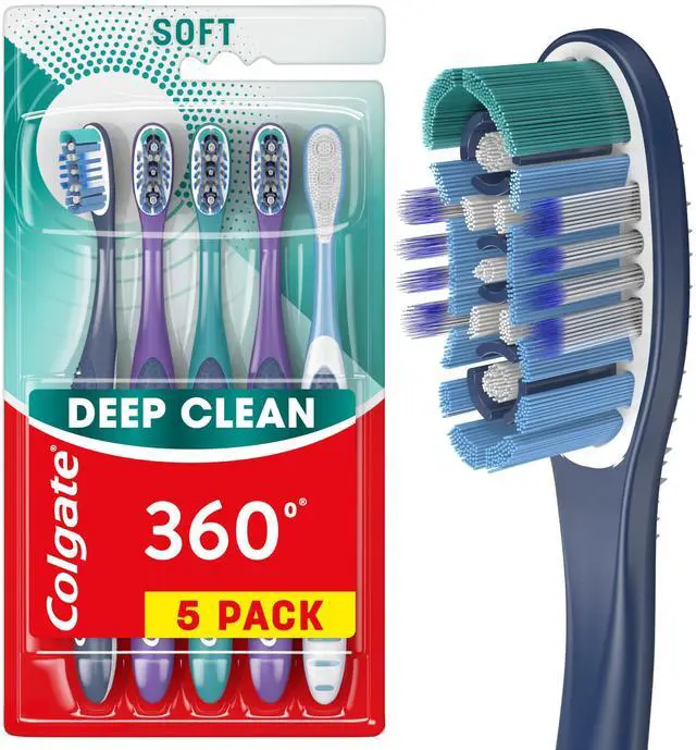 Main image of 360 Whole Mouth Clean Toothbrush, Adult Soft Toothbrushes, 5 Pack, Multicolored