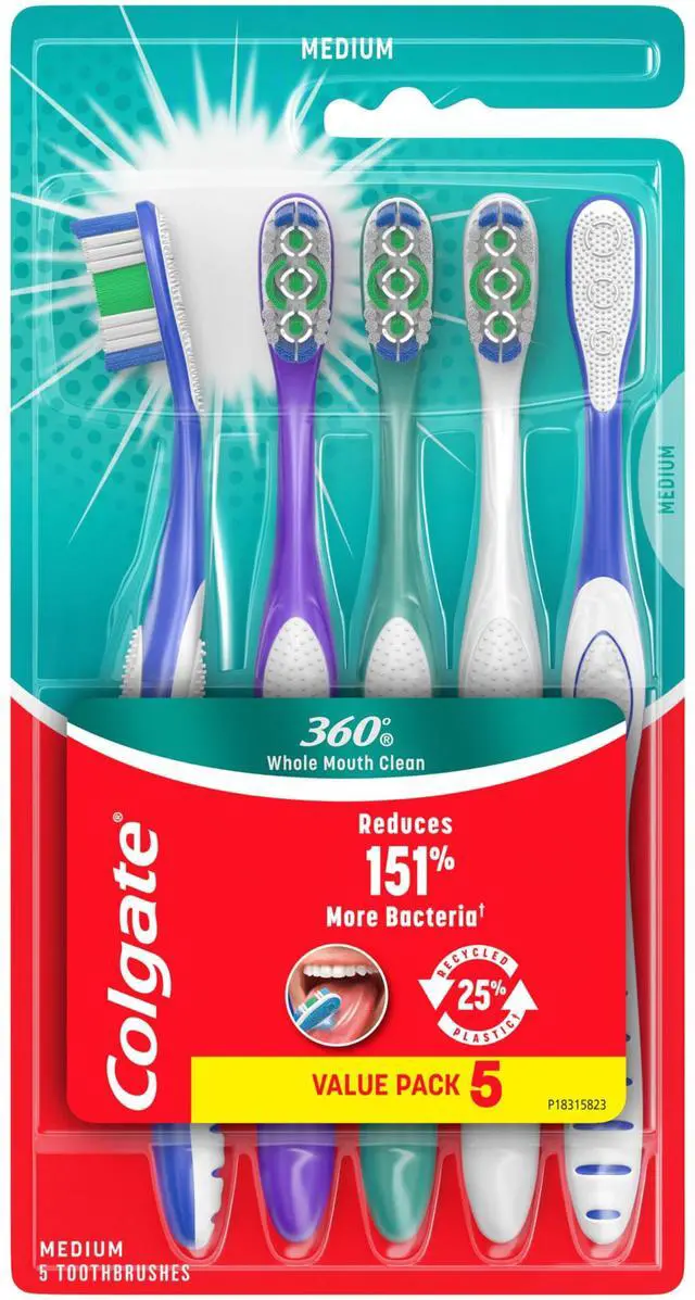 Main image of 360 Whole Mouth Clean Toothbrush, Adult Medium Toothbrushes, 5 Count (Pack of 1)