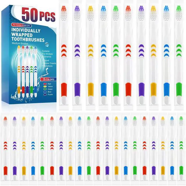 Main image of 50 PCS Premium Individually Wrapped Bulk Toothbrush Pack, Disposable Toothbrushes, Kids Toothbrush, Medium Soft Bristle Toothbrushes, Ergonomics Handle, Perfect for Travel Hotel Donation
